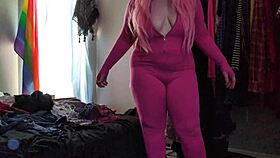 Chubby Girl Stretches Into Tight Pink Bodysuit