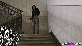 young teen kneels eagerly slurping old man's throbbing monster schlong in stockings