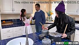 Two brunettes compete sucking and fucking older man's shaved pussy