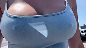 Artemisia Love struts outdoors braless with huge tits bouncing horny as hell