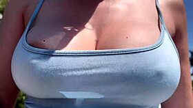 Artemisia Love struts outdoors braless with huge tits bouncing horny as hell