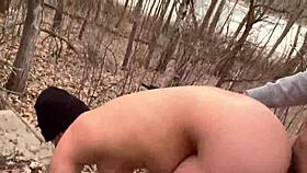 she strips naked flashes big natural tits then fucks deep in forest