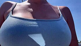 Artemisia Love struts outdoors braless with huge tits bouncing horny as hell