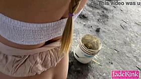 sucking off pervert construction worker's throbbing big cock on site