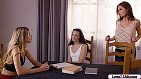 teen sneaks licks on tutor's shaved pussy almost caught