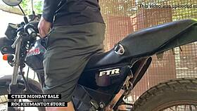 guy straps rocketman monster cock toy to his motorbike for shaking outdoor orgasm blast