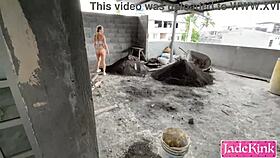 sucking off pervert construction worker's throbbing big cock on site