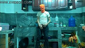 From flaccid to monster erect, watch this 25yo brunette stroke big cock in kitchen for best friend?