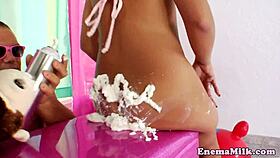 Oh god, these babes take anal enemas in messy threeway fuck!