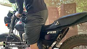 guy straps rocketman monster cock toy to his motorbike for shaking outdoor orgasm blast