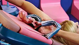 beautiful blonde model giggles through feet tickling challenge with talia mint