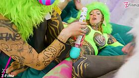 Inked skinny goths in cute monster costumes ride huge dildos licking shaved pussies to orgasm orgy