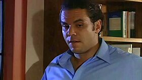 boss tests blonde assistant's shaved pussy riding skills cumming on her belly closeup