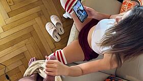 Horny brunette spits on big cock for fast cum explosion