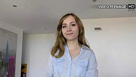 Shy girl tries dildo in first audition nerves.
