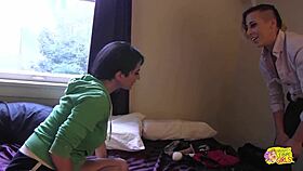 Bold blonde crew cut shoves massive buttplug deep in lesbian ass roughly