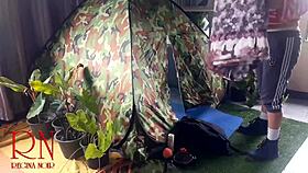 Stranger dominates nudist lady's pussy in wild forest camp fuck