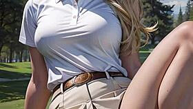 blonde's heart races flashing wet pussy under skirt on golf field