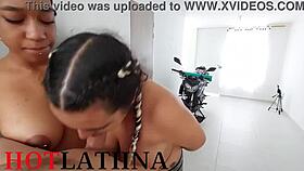 Chubby brunette joins american asian friend for kitchen threesome creampie