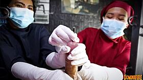 Nurse domina in latex gloves sounds slave cock in femdom hospital POV.