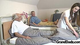 Skinny young nurse licks old patient pussy bent over hospital threesome