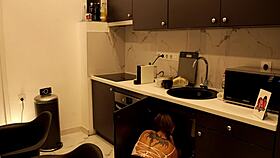 Tattooed blonde flashes meaty pussy and sexy ass in kitchen