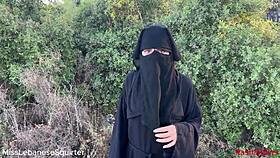 Lebanese babe rubs pussy outdoors riding colorful dildo toy