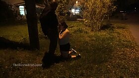 Nerdy milf strokes and sucks big black dick outdoors