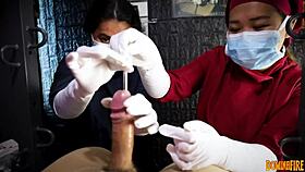 Nurse domina in latex gloves sounds slave cock in femdom hospital POV.