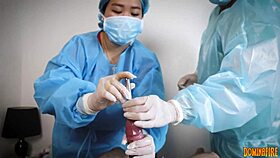 Nurse domina in latex gloves sounds slave cock in femdom hospital POV.