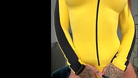 hot susy gala in tarantino cosplay sucks dildo shakes ass in horny striptease!