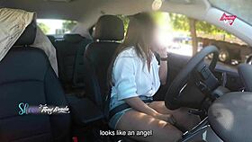hot wife thay ksada flashes tits in car for stranger groping with subs