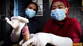 Nurse domina in latex gloves sounds slave cock in femdom hospital POV.
