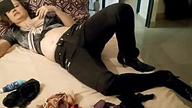 this homemade french milf in black leather pants and satin strips down for pov ass licking blowjob fun