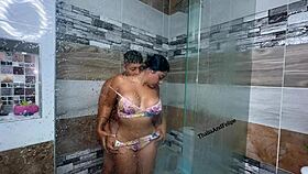 after splashing in the pool the busty latina with natural big tits bends over for hardcore pussy pounding and creampie