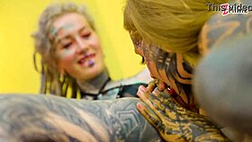 Alt tattooed lesbians punk goth hippie spit tongue dildo fuck pierced nipples