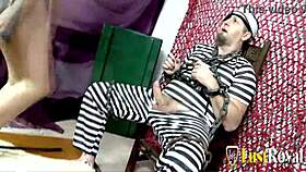 convict with eyepatch bends over short-haired police officer for hardcore fuck