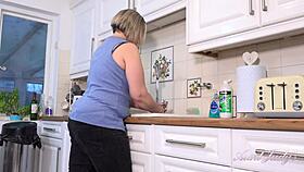 Busty 48yo BBW drenches kitchen counter with her soaking wet curves boldly