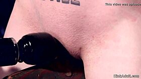 blonde slave bent over in bondage, caned hard then deepthroated doggystyle