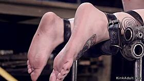 blonde slave bent over in bondage, caned hard then deepthroated doggystyle