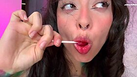 split-tongue babe savagely licks lollipop before ass insertion frenzy