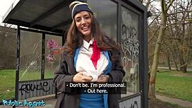 Big tits brunette air hostess Coco Bae gives pov blowjob then outdoor fuck