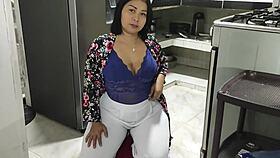 mature woman bends over kitchen counter for deep pounding creampie