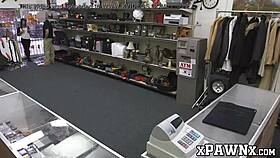 Hey, broker slips cash to cute office girl for handling his massive throbbing dick right there