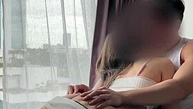 Petite asian teen rides cock cowgystyle orgasms twice cum on ass garage