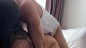 Petite asian teen rides cock cowgystyle orgasms twice cum on ass garage