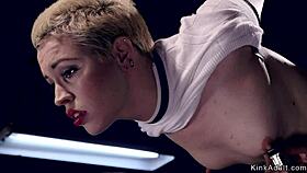 blonde slave bent over in bondage, caned hard then deepthroated doggystyle