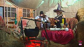 Two stunning cosplay witches in heels stockings deepthroat fuck handsome guy hard