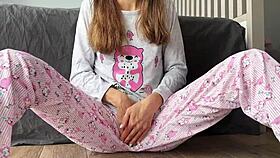 Horny small titted babe in pajamas fingers pussy squirting cum close up!