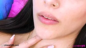 Tall brunette model teases her sexy curves close-up